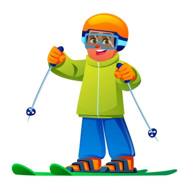 Kask, ceket ve gözlük takarak kayak yapan neşeli bir çocuk. Vektör çizgi film karakteri çizimi