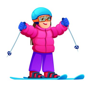 Gülen kız kayak yapıyor, sırık tutuyor, kabarık ceket, kask ve gözlük takıyor. Vektör çizgi film karakteri çizimi