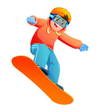 Turuncu bir snowboard 'da parlak kışlık giysiler, miğfer ve gözlük takan genç bir çocuk. Vektör çizgi film illüstrasyonu