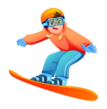 Turuncu bir snowboard 'da parlak kışlık giysiler, miğfer ve gözlük takan genç bir çocuk. Vektör çizgi film illüstrasyonu
