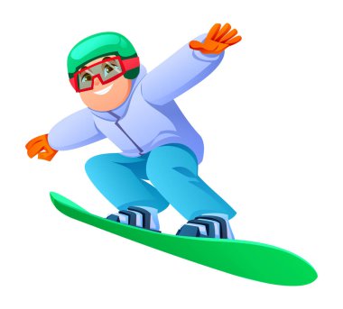 Yeşil bir snowboard 'da, havada atlayan, kar pantolonu, miğfer ve gözlük takan genç bir çocuk. Vektör çizgi film illüstrasyonu