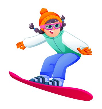Genç kız snowboard 'da parlak kışlık giysiler, şapka ve gözlük takıp yalıtılmış bir şekilde yamaçtan aşağı kayıyor. Vektör çizgi film illüstrasyonu