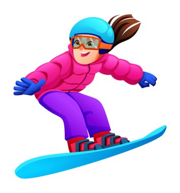 Mavi bir snowboard 'da parlak kışlık giysiler, miğfer ve gözlük takan genç bir kız karakter. Vektör çizgi film illüstrasyonu