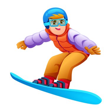 Kışlık giysiler, kask ve gözlük takan, beyaz bir arka planda izole edilmiş, snowboard 'daki genç bir çocuk. Vektör çizgi film illüstrasyonu