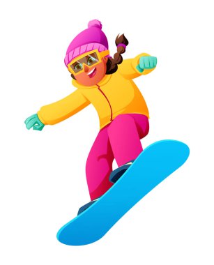 Mavi bir snowboard 'da parlak kışlık giysiler içinde beyaz bir bayırda gezen genç kız karakteri. Vektör çizgi film illüstrasyonu