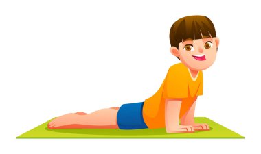 Kobra 'lı çocuk yeşil yoga minderinde poz veriyor. Çocuklar için basit egzersiz ve fiziksel aktivite. İzole edilmiş. Vektör çizgi film illüstrasyonu