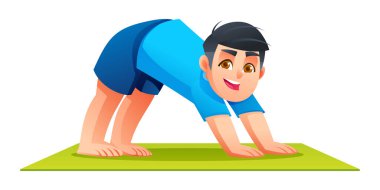 Aşağı bakan köpek giymiş çocuk yeşil yoga minderinde poz veriyor. Çocuklar için spor ve fiziksel aktivite. İzole edilmiş. Vektör çizgi film illüstrasyonu