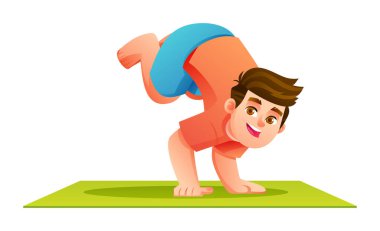 Kargadaki çocuk ya da Crane yeşil yoga minderinde poz veriyor. Çocuklar için spor, güç ve denge eğitimi. İzole edilmiş. Vektör çizgi film illüstrasyonu