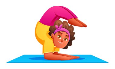 Scorpion 'daki kız mavi yoga minderinde kollarının üzerinde dinleniyor. Çocuklar akrobatik zindelik ve esneklik. İzole edilmiş. Vektör çizgi film illüstrasyonu