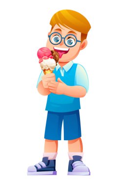 Gözlük takan ve elinde çoklu top dondurma külahı tutan neşeli bir çocuk. Vektör çizgi film karakteri çizimi