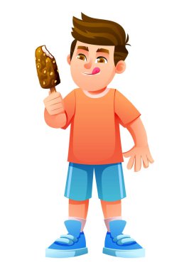 Çubuğun üzerinde çikolata kaplı buzlu şekerin tadını çıkaran bir çocuk. Vektör çizgi film karakteri çizimi