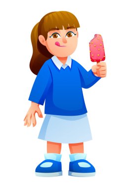 Mutlu kız çubukta pembe buzlu şekerin tadını çıkarıyor. Vektör çizgi film karakteri çizimi