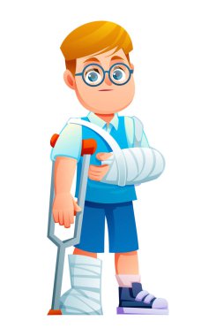 Kolu kırık, bacağı alçılı, koltuk değneği olan bir çocuk. Vektör çizgi film illüstrasyonu