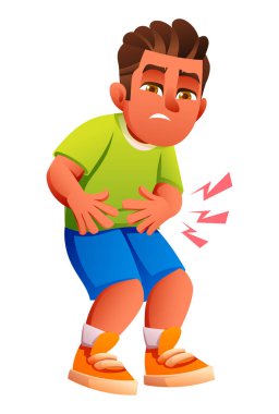 Karın ağrısı olan küçük bir çocuk, karnını tutuyor ve kaşlarını çatıyor. Beyaz arka planda izole bir karakter. Vektör çizgi film illüstrasyonu