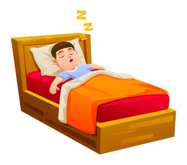 Küçük çocuk parlak turuncu bir battaniyenin altında yatağında derin bir uykuya daldı. Vektör çizgi film illüstrasyonu