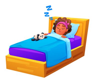 Saçbandı olan küçük bir kız yatağında tatlı bir oyuncak pandayla mışıl mışıl uyuyor. Vektör çizgi film illüstrasyonu