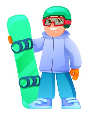 Kask takan, gözlüklü, elinde snowboard tutan küçük bir çocuk. Vektör çizgi film karakteri çizimi