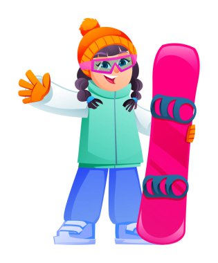 Elinde sörf tahtası olan ve el sallayan ceketli küçük bir kız. Vektör çizgi film karakteri çizimi