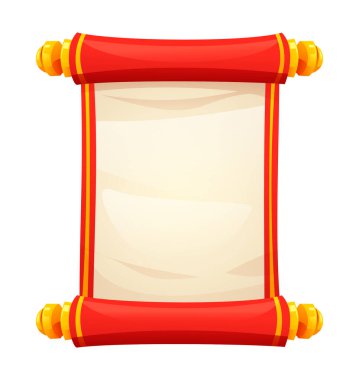 Beyaz arkaplan ile izole edilmiş, kırmızı kenarı ve altın süslemeleri olan geleneksel bir Çin parşömeni. Vektör çizgi film illüstrasyonu