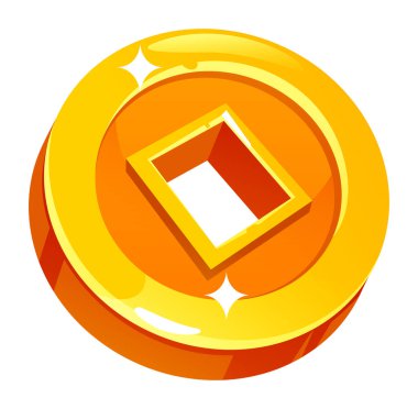 Beyaz arka planda izole edilmiş kare bir deliği olan geleneksel Çin altın yuvarlak sikkesi. Vektör çizgi film illüstrasyonu