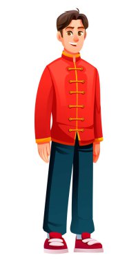 Geleneksel Çin kıyafetleri giyen ve ayakta duran adam. Neşeli erkek karakter gülümsüyor. İzole edilmiş. Vektör çizgi film illüstrasyonu