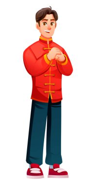 Geleneksel Çin kıyafetleri giyen bir adam, selamlama jestine sarılmış bir şekilde ayakta duruyor. Neşeli erkek karakter gülümsüyor. İzole edilmiş. Vektör çizgi film illüstrasyonu