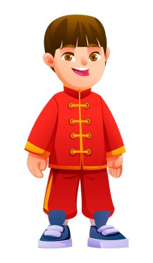 Geleneksel Çin kıyafetleri giyen ve ayakta gülümseyen küçük çocuk. Neşeli erkek karakter gülümsüyor. İzole edilmiş. Vektör çizgi film illüstrasyonu