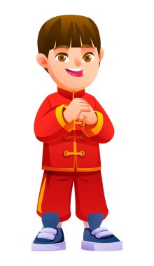 Geleneksel Çin kıyafetleri giyen küçük bir çocuk, selamlama jestine sarılmış bir şekilde ayakta duruyor. Neşeli erkek karakter gülümsüyor. İzole edilmiş. Vektör çizgi film illüstrasyonu