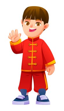 Geleneksel Çin kıyafetleri giyen, ayakta duran ve el sallayan küçük çocuk. Neşeli erkek karakter gülümsüyor. İzole edilmiş. Vektör çizgi film illüstrasyonu