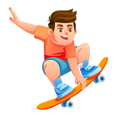 Kaykay oynayan genç bir çocuk, beyaz arka planda uzanmış bir kol ve eğilmiş bir dizle anten numarası yapıyor. Vektör çizgi film illüstrasyonu