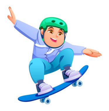 Genç bir çocuk kaykay oynuyor, kask ve ceket giyiyor, beyaz arka planda geniş kollarıyla yüksek atlama numarası yapıyor. Vektör çizgi film illüstrasyonu