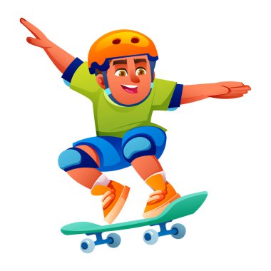 Kaykay oynayan, kask takan ve kolları beyaz arka planda denge sağlamak için atlama numarası yapan genç bir çocuk. Vektör çizgi film illüstrasyonu