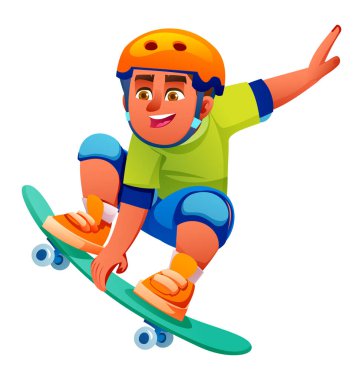 Kaykay oynayan, kask takan ve pedler takan genç bir çocuk tek kolu beyaz arka planı işaret eden büyük bir atlayış numarası yapıyor. Vektör çizgi film illüstrasyonu