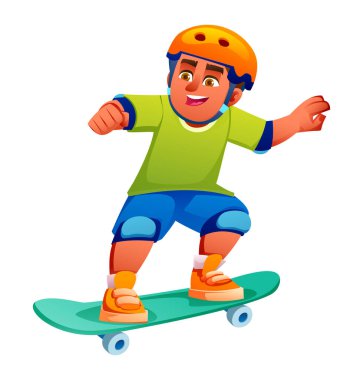 Kaykay oynayan, kask takan ve kaykay kullanan beyaz arka planda dengeli hareket eden genç bir çocuk. Vektör çizgi film illüstrasyonu