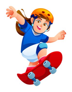 Kaykay oynayan, kask takan ve kaykay süren genç bir kız beyaz arka planda odaklanmış bir şekilde kaykay sürüyor. Vektör çizgi film illüstrasyonu