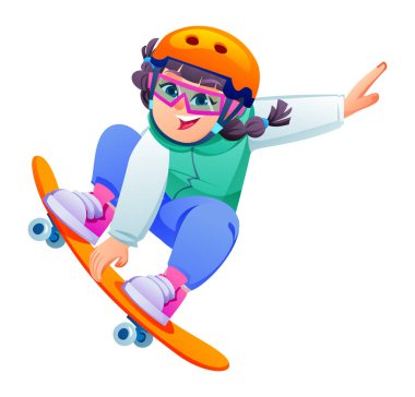 Kaykay oynayan, kask takan ve gözlük takan genç bir kız beyaz arka planı işaret eden bir koluyla çömelmiş bir numara yapıyor. Vektör çizgi film illüstrasyonu