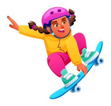 Kask ve ceket giyen, kaykay oynayan, kolları beyaz arka planda olan, çömelmiş bir atlayış numarası yapan genç bir kız. Vektör çizgi film illüstrasyonu