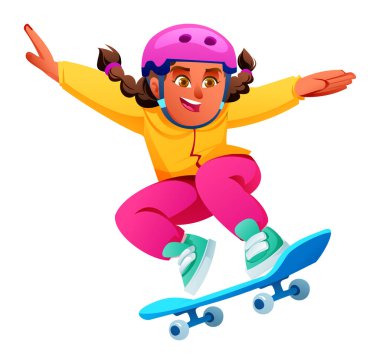 Kaykay oynayan, kask ve ceket giyen, kolları açık, yüksek atlama yapan genç bir kız. Maksimum denge için izole. Vektör çizgi film illüstrasyonu