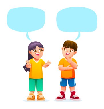 Young girl and boy children talking and communicating, standing and expressing thoughts with blue speech bubbles. Isolated. Vector cartoon character illustration