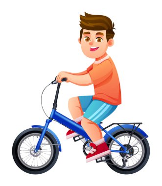 Okul ya da açık hava oyunları için bisiklet sürerken gülümseyen genç bir çocuk. Vektör çizgi film karakteri çizimi