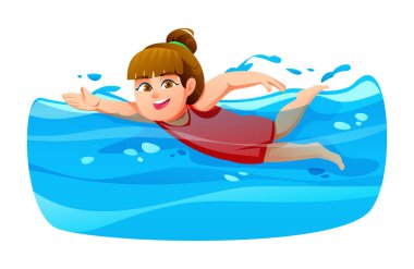 Yaz boyunca açık mavi havuzda yüzen çörek saçlı neşeli küçük kız. Vektör çizgi film illüstrasyonu