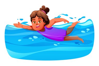 Kıvırcık saçlı neşeli kız mavi suda zarifçe yüzüyor. Vektör çizgi film illüstrasyonu