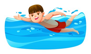 Mutlu genç çocuk güneşin altında mavi havuzda yüzüyor. Vektör çizgi film illüstrasyonu