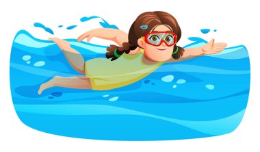 Gözlüklü ve örgülü şirin kız gülümseyerek suda yüzüyor. Vektör çizgi film illüstrasyonu