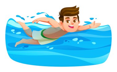 Genç çocuk açık mavi havuz suyunda sürünerek yüzme alıştırması yapıyor. Vektör çizgi film illüstrasyonu