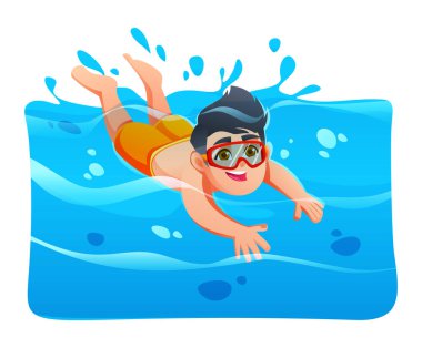 Gözlüklü genç, berrak mavi suda dalıyor ve yüzüyor. Vektör çizgi film illüstrasyonu