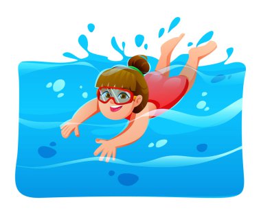 Gözlüklü küçük kız mavi havuzda suyun altında yüzüyor. Vektör çizgi film illüstrasyonu