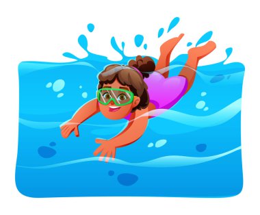 Yazın açık mavi suya mayo giymiş neşeli bir kız. Vektör çizgi film illüstrasyonu