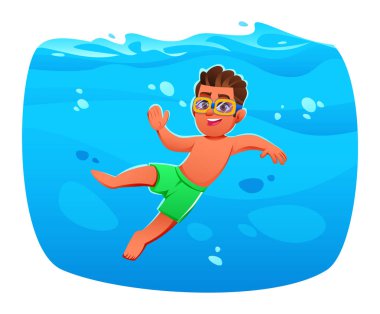 Gözlüklü mutlu çocuk derin mavi bir havuzda suyun altında yüzüyor. Vektör çizgi film karakteri çizimi