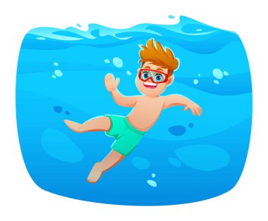 Gözlüklü neşeli çocuk yaz boyunca berrak mavi sularda dalıyor. Vektör çizgi film karakteri çizimi